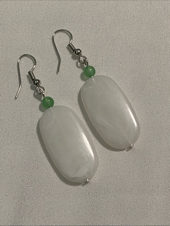 creatively handmade Jewelry - White Drop Earrings with Green Accent Bead - Women Jewelry
